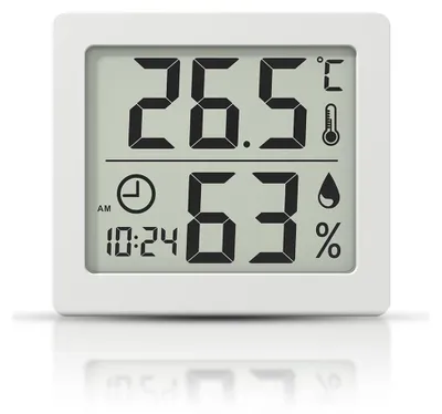 Produktbild von Thermohygrometer Hygrometer Raumthermometer mit Uhr - 3,1 Zoll LCD-Display - 80 x 70 x 12 mm - Weiß - Für Wohnraum und Büro