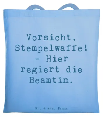 Produktbild von Mr. & Mrs. Panda Tote Bag Spruch Beamtin Stempelwaffe - Sky Blue - Geschenk, Geburtstag, Jutebeutel, Tasche, Stoffbeutel, Berufe, Humor, Berufsgestaltung, Shopping, Beruf