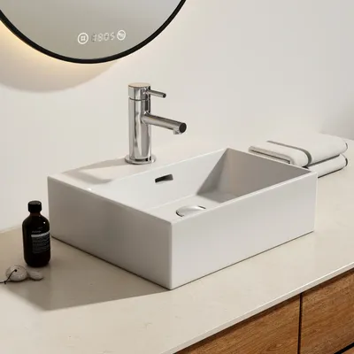 Produktbild von EMKE Keramik Waschbecken Aufsatzwaschbecken mit Armaturenloch Hängewaschbecken Glänzend Weiß Waschschale 41 x 36 x 13 cm