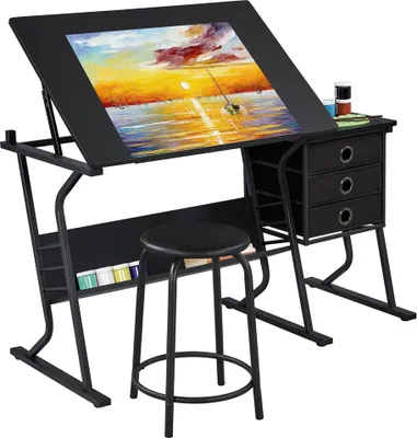 Produktbild von Yaheetech Zeichentisch-Set mit Kippbarer Tischplatte Schreibtisch mit 3 Schubladen Beistelltisch mit Rundem Stuhl & Ablageregal für Schreiben/Lesen/Malen/Zeichnen