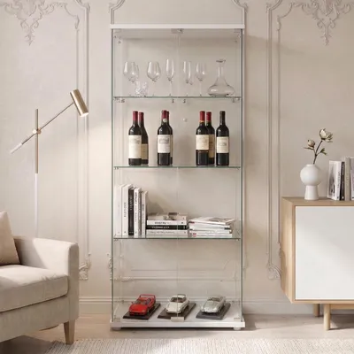Immagine prodotto di Vetrina espositiva in vetro, dimensioni 80,6 x 36,5 x 164,5 cm, colore bianco, 2 ante, 4 ripiani in vetro