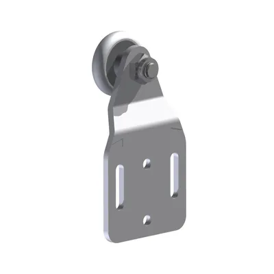 A 3D rendering of a metal roller bracket with a wheel, isolated on a white background.