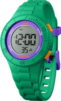 A close-up studio shot of a green digital watch with purple and orange accents.