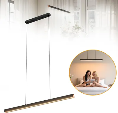 A modern LED pendant light is shown hanging in a room, with a circular inset image showing two women sitting on a bed and using a tablet.