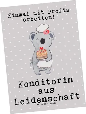Produktbild von Mr. & Mrs. Panda Postkarte Konditorin Leidenschaft - Grau Pastell - Geschenk, Witzig, Postkarten, bildkarte, Spruch, Ansichtskarte, Bäckerin, Grußkarte, Ansichtskarten