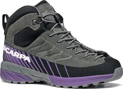 Schwarze und graue Wanderschuhe für Kinder; Modell "Mescalito Mid Kid GTX" von Scarpa; mit lila Akzenten und Schnürung.