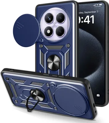 A dark blue phone case with a camera lens cover and a ring holder is shown from multiple angles.