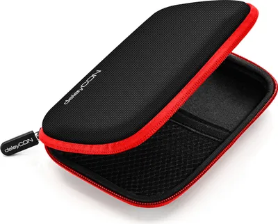 Produktbild von deleyCON Festplattentasche Festplatten Case HDD Case - Für 2,5 Zoll Festplatten und SSD - Robust & Stoßsicher - 2 Innenfächer Netztaschen - Schwarz/Rot