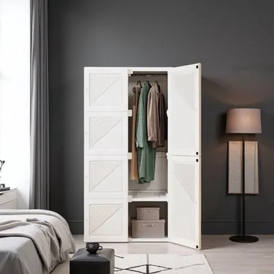 Immagine prodotto di Armadio pieghevole - Bianco - 60x59x139 cm - Porta abiti portatile con 6 cassetti e ante scorrevoli