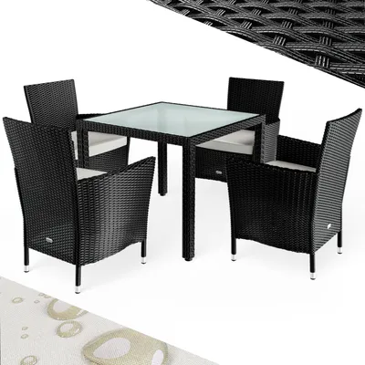 Image de Salon de jardin polyrotin 4+1 chaises empilables table 90x90cm coussins 7cm ensemble de jardin meuble mobilier noir
