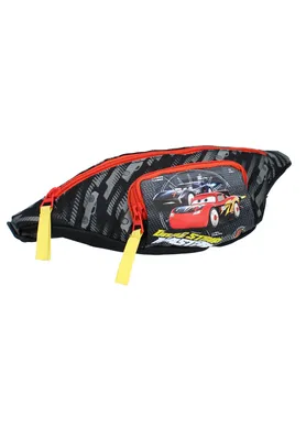 Produktbild von Vadobag Gürteltasche Kinder Cars, als Gürtel- & Umhängetasche tragbar, mit verstellbarem Gurt & Clip-Verschluss, aus 100% Polyester, leicht, wasserabweisend, abwaschbar, 2 Fächer, Volumen ca. 1.5 L, Gewicht ca. 0.068 kg, Maße 12x32.5x7 cm (HxBxT), Schwarz mit rotem Reißverschluss & gelbem Anhänger