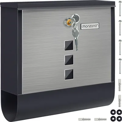 Image de Boîte aux lettres murale XXL Noir Argent en acier inoxydable tube journaux courrier 2x clés fente d'insertion extra large