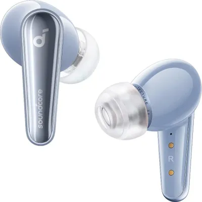 A pair of blue and silver wireless earbuds are shown against a white background.