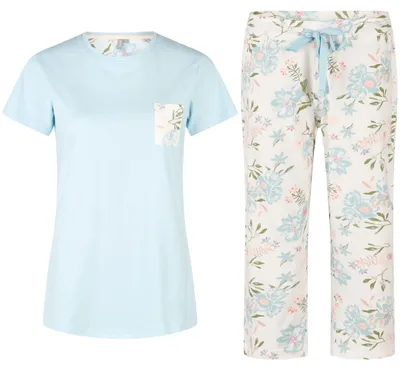 Produktbild von by Louise Damen Pyjama 100% Baumwolle Kurzarm Schlafanzug mit Capri Hose, bequem & atmungsaktiv - Grösse: M, Farbe: Hellblau - Floral