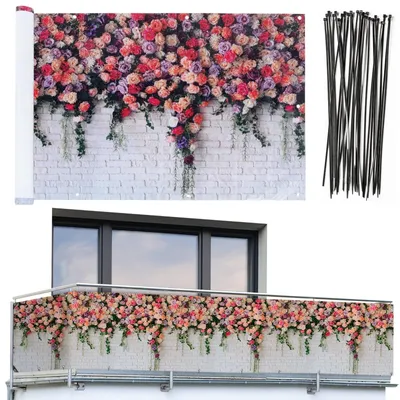 Image de Écran de balcon brise-vue - Motif roses - 5 m x 85 cm - Protection contre les regards - Résistant aux intempéries