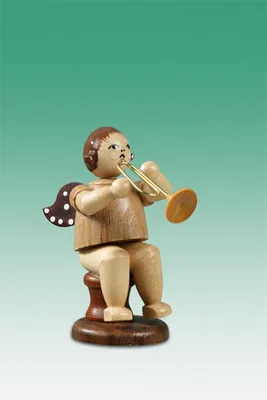 Produktbild von Holzfigur Musikantenengel mit Jazztrompete sitzend mit Krone natur Höhe 6,5cm NEU