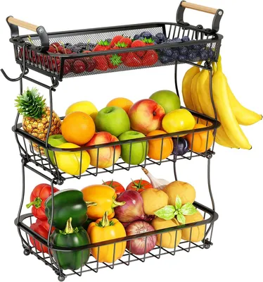Productafbeelding van Fruitmand met 3 niveaus en 2 bananenhouders - Ideaal voor de keuken en het aanrecht