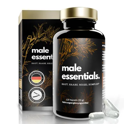 Produktbild von APOmia® male essentials. Kapseln | Haut Haare Nägel Bart | 5000 µg Biotin hochdosiert | Biotin Zink Silicium Selen, Kupfer | Haar Vitamine für Männer