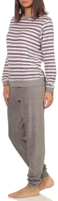 Produktbild von Edler Damen Frottee Pyjama langarm Schlafanzug mit Bündchen in Streifenoptik - 291 13 569 ; rosa , 40