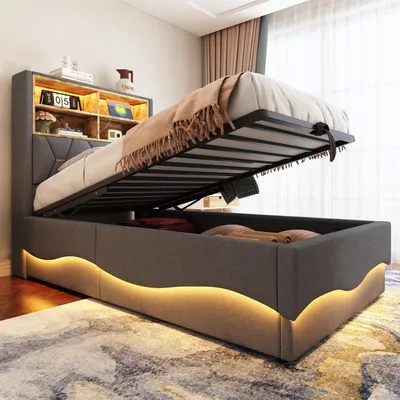 Produktbild von Flieks Polsterbett 90x200cm mit Stauraum, Jugendbett Einzelbett mit Usb und Led, Boxspringbett Stauraumbett mit Metalllattenrost, Leinen, Grau
