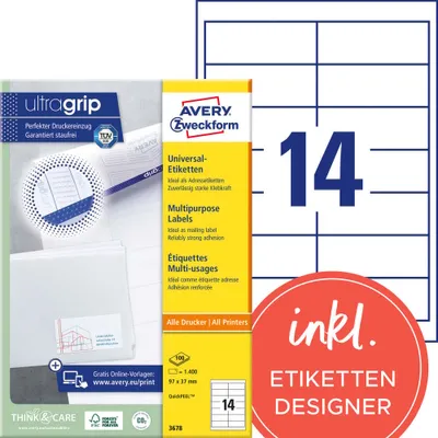Produktbild von Avery Zweckform 3678 Universal-Etiketten, A4 mit ultragrip,  Adressaufkleber 97 x 37 mm, weiß