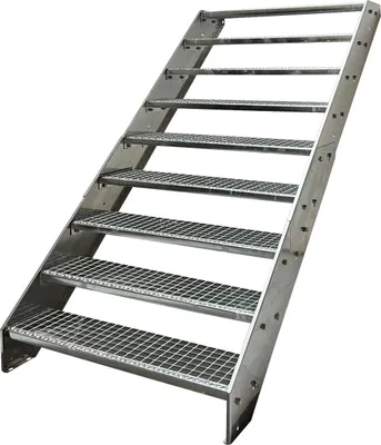 A metal staircase with grated steps, shown against a white background.