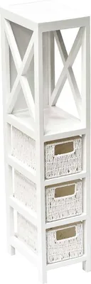 A white wooden shelf unit with three woven baskets.