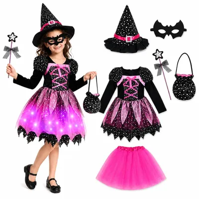 Produktbild von Heksenkostuum Mädchen, schwarz, Größe 110-140 cm, mit Zubehör, für Halloween