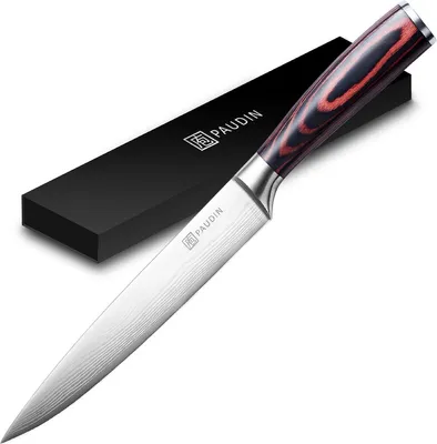 Image de PAUDIN N9 Couteau à Viande Professionnel 20 cm – Couteau de type japonais – Couteau de Chef – Motif Damas – Avec Protège-Lame