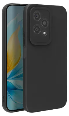 A black phone case is shown from a side angle, with the phone screen visible inside.