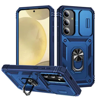 Produktbild von Galaxy S24+ Hülle, Schiebe Kamera Schutz Robust Rüstung Stoßfest Schutzhülle mit Ringhalterung Ständer Kartenhalter für Samsung Galaxy S24+ Blau
