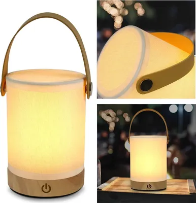 A collage of images showing a portable LED lamp with a wooden base and fabric shade, in different settings.