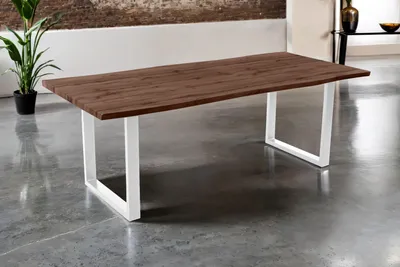 Produktbild von Esstisch 220x100 cm Baumkante Holz Nussbaum-Optik U-Gestell Metall weiß JOSY