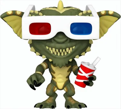 A Funko Pop! vinyl figure of a Gremlin wearing 3D glasses and holding a soda cup.