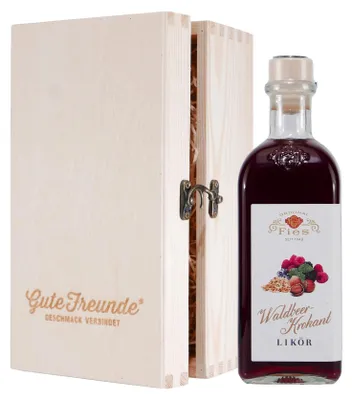 Produktbild von Fies Waldbeer-Krokant Likör mit Geschenk-Holzkiste
