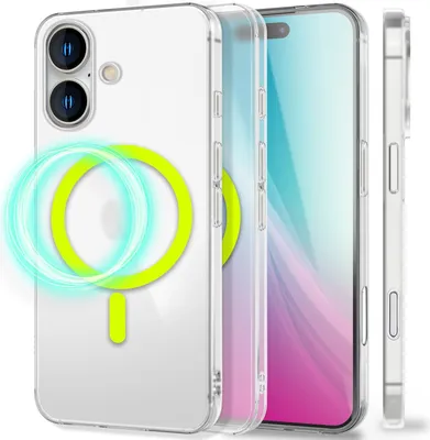 Produktbild von NALIA Ultra Slim Hardcase für iPhone 16 – MagSafe & Nachleuchtender Ring – THINIX GLOW (0,3mm Dünn) – Marke aus Berlin – Neongelb Transparent