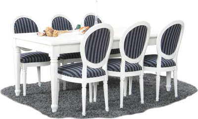 Produktbild von Amaretta Essgruppe100x180/280 einschl. 2 Zusatzplatten antik weiß mit 6 Rokoko Stühlen antik weiß/schwarz.