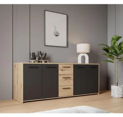 Image de Buffet en mélamine à particules - Chêne Artisan et noir - 4 portes + 3 tiroirs - 179,2 x 42 x 74,5 cm