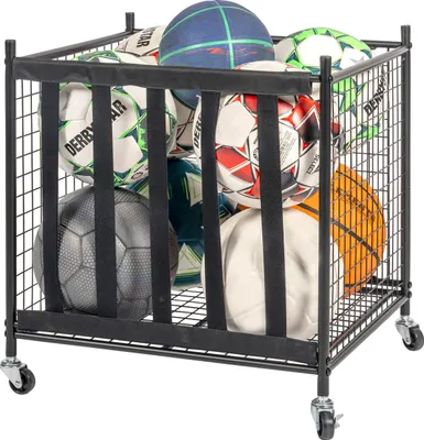 Zdjęcie produktu dla mobilny wózek do przechowywania piłek sportowych eluno, wózek do przechowywania piłek do piłki nożnej, siatkówki, koszykówki, piłki ręcznej itp. z 5 paskami po jednej stronie - do wyjmowania piłek z góry i z przodu, wykonany z czarnej stali