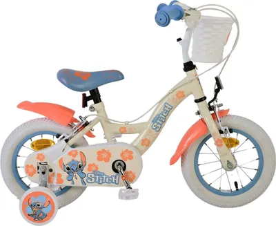 Zdjęcie produktu dla Rower dziecięcy Volare Disney Stitch dla dziewczynek - 12 cali z dwoma hamulcami ręcznymi w kolorze kremowo-koralowo-niebieskim