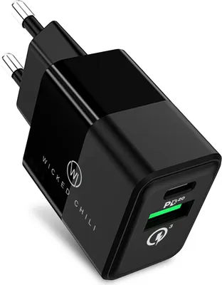 A black dual USB wall charger with USB-C and USB-A ports.