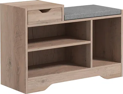 Image de HOMCOM Banc à chaussures, banc de rangement, 1 tiroir et 3 compartiments, meuble d'entrée avec coussin rembourrée, pour couloir, entrée, chambre, 76,5 x 30 x 52 cm, gris effet bois