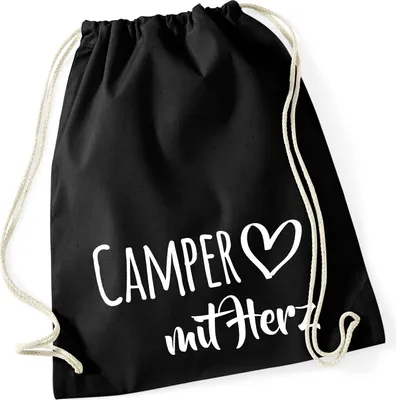 Produktbild von Huuraa Turnbeutel Camper mit Herz 12 Liter Black Baumwolle Rucksack Geschenkidee