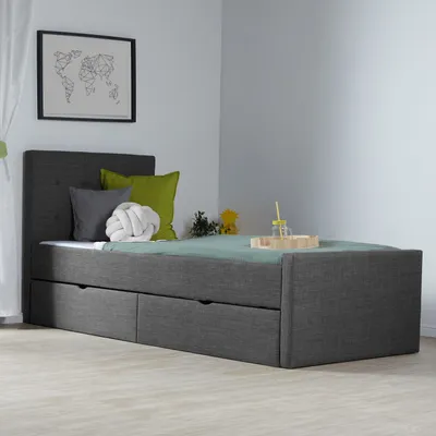 Image de Cadre de Lit Rembourré Lit Simple 90x200 Anthracite Sommier à Lattes Tête de Lit Tissue 2 Tiroirs