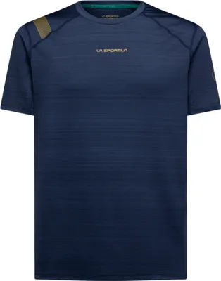 Dunkelblaues T-Shirt für Herren von La Sportiva; Modell Sunfire T-Shirt M; mit sportlichem Schnitt und goldenen Akzenten.