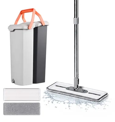 Immagine prodotto di Set di mocio piatto Relaxdays, secchio da 6,5 litri con sistema di strizzatura, 2 scomparti, impilabile, dimensioni: 45,5 x 22 x 29 cm, 2 panni in microfibra, colore grigio