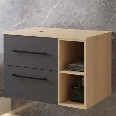 Produktbild von 80cm Badmöbel Set Ohne Aufsatz-Waschbecken Eiche/Dunkelgrau hängend Badezimmerschrank mit soft-close