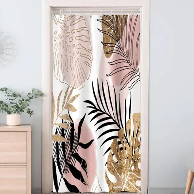 Image de Omgoods - Rideau de douche résistant à la moisissure, 120x200 cm - Motifs de feuilles de palmiers roses et jaunes - Polyester imperméable