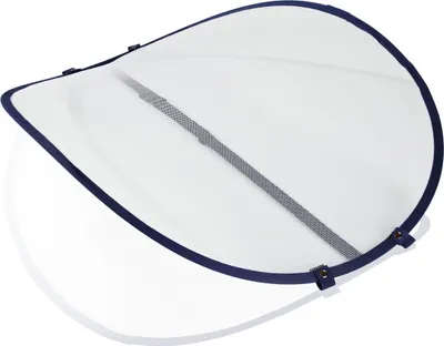 A white mesh drying net with navy blue trim and straps, shown from a diagonal angle against a white background.