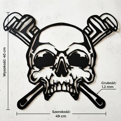 Zdjęcie produktu dla Czarna metalowa czaszka z dwoma kluczami – dekoracja ścienna, mała H40xB49 cm, 1 szt.